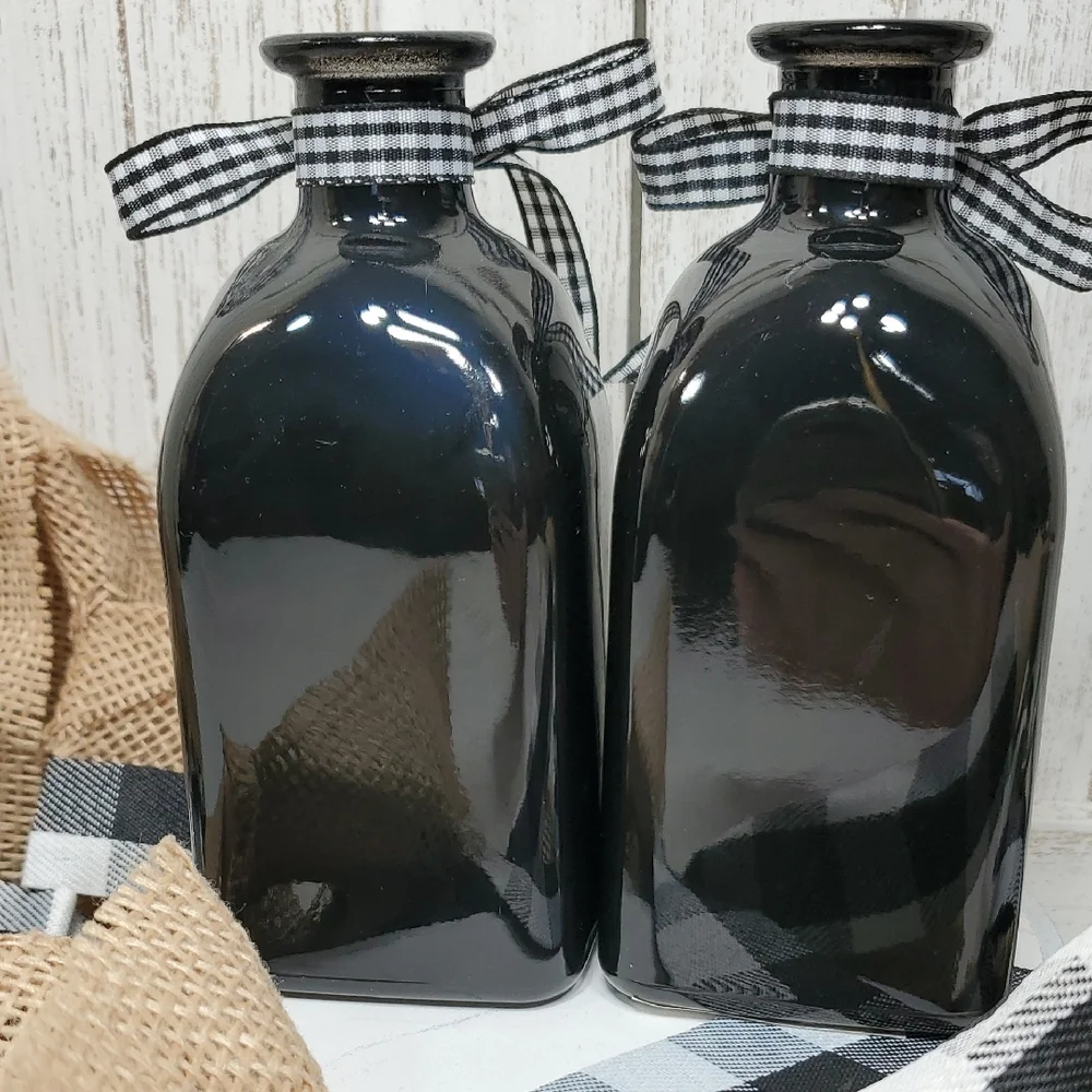 NEW Black Bud Vases Buffalo Plaid Ribbon with Key & Heart Charms Country Bottles
